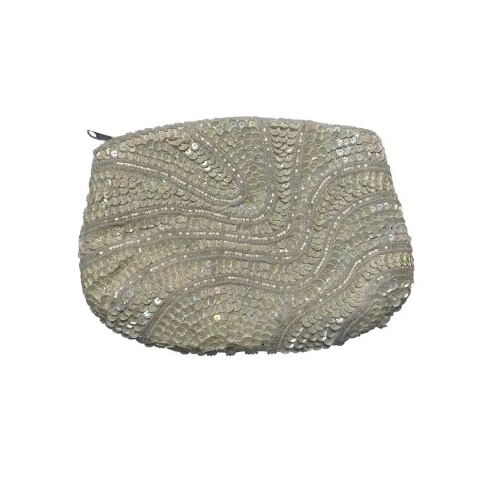 Vintage Ivory Beaded Sequin Clutch Bridal Purse 80s Formal Small Handbag Wedding